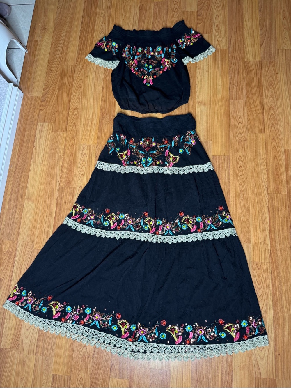 Boston Proper Black Embroidered Sequin Two-Piece Boho Crop Top & Maxi Skirt Set!